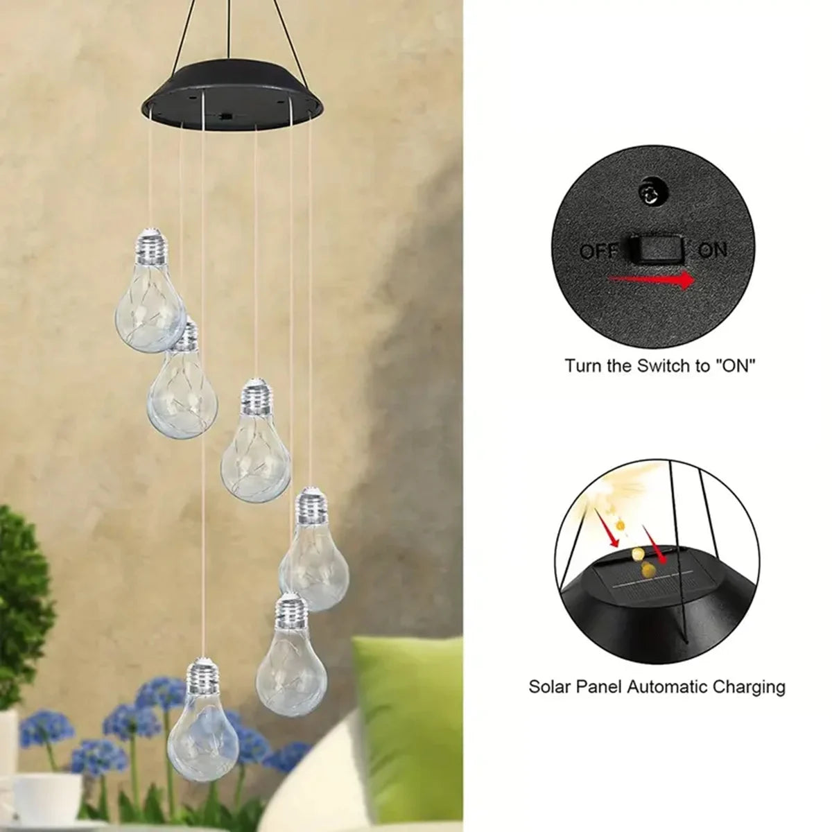 1 Pack Colorful Lights Solar Bulb Wind Chimes Hanging 6 LED Pendants Solar Windchimes Lamps for Home Garden Outdoor Decorations