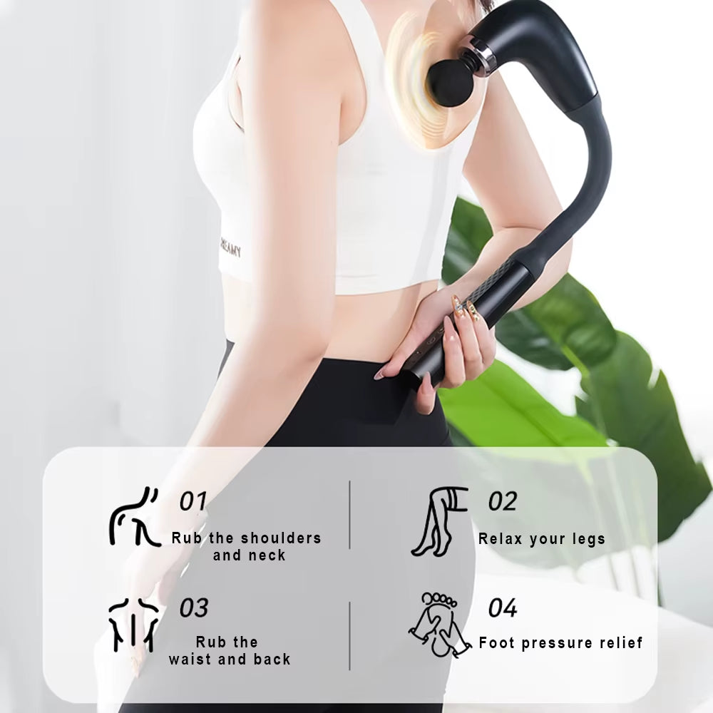 Fascia Gun with Extended Handle and Elbow for Self-Assist Massage of the Upper and Lower Back Muscle Relaxation and Massage Done