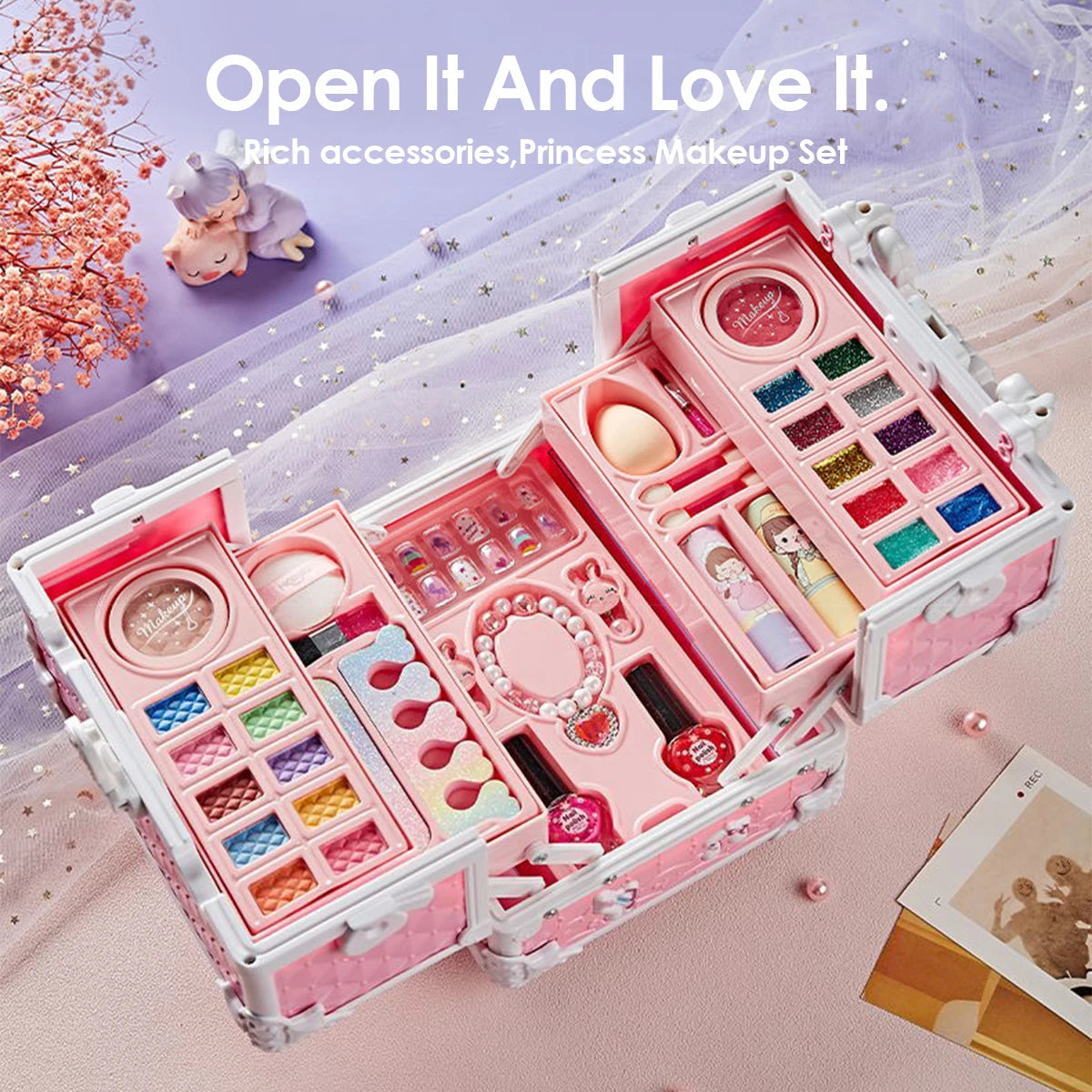 Kids Makeup Kit for Girls Princess Real Washable Pretend Play Cosmetic Set Toys with Mirror Non-Toxic & Safe Birthday Gifts