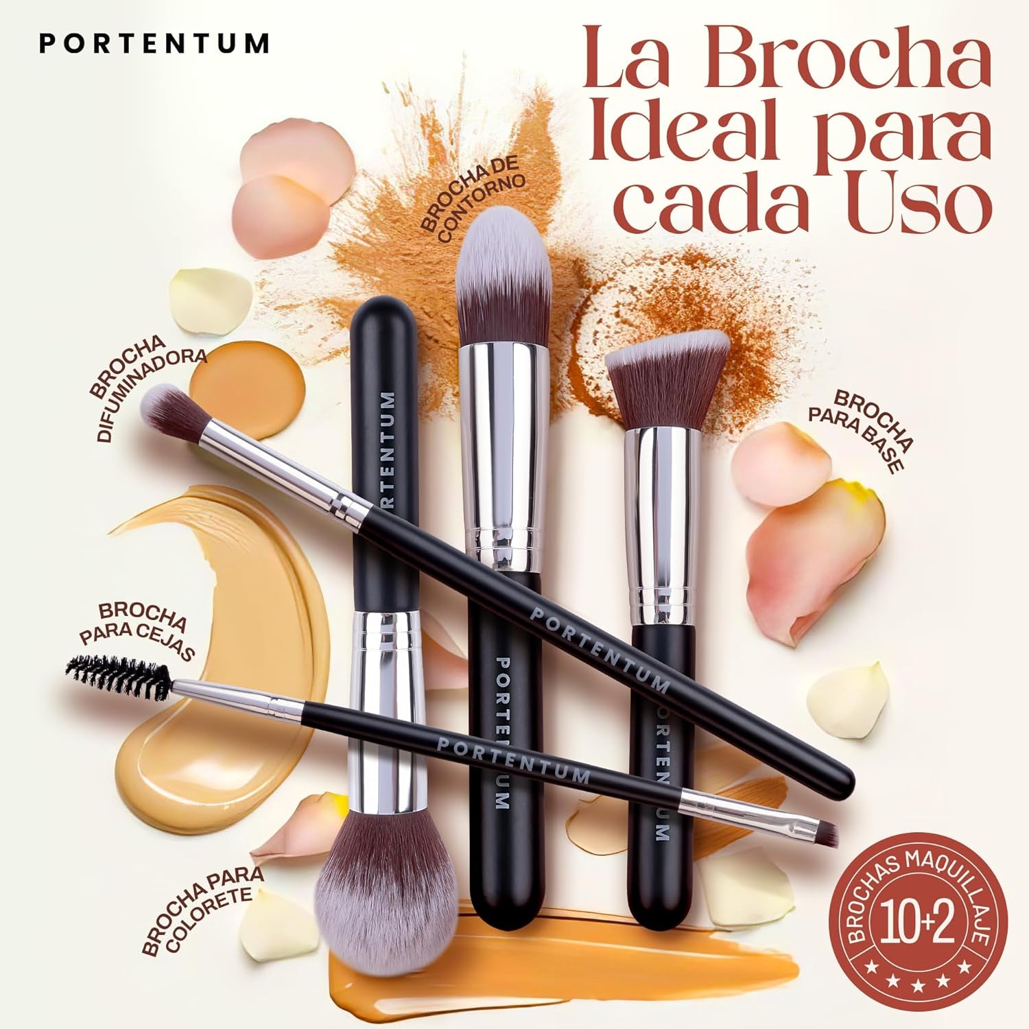 PORTENTUM Brochas De Maquillaje Profesional - Set 10+2 Piezas – Para Base Polvos Colorete Contorno – Con Esponjas