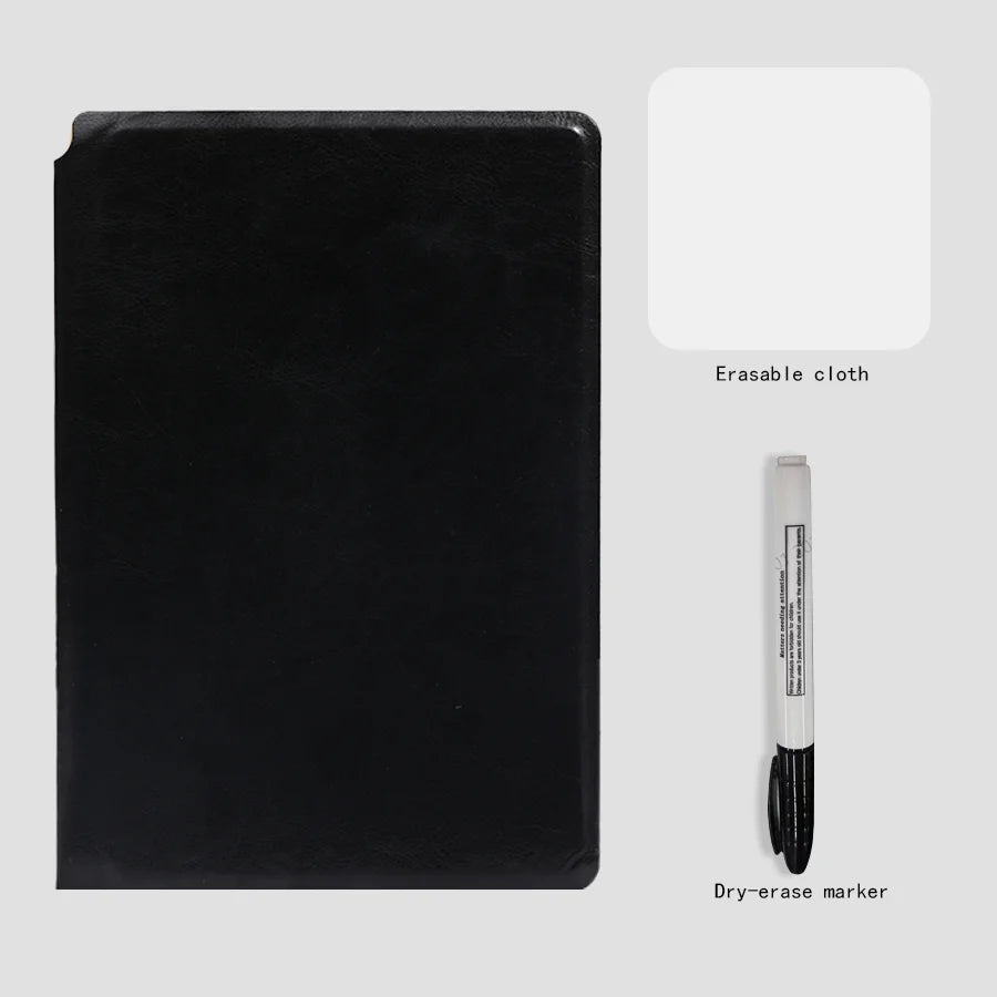 A5 Reusable Whiteboard Notebook Set with Whiteboard Pen Erasing Cloth Leather Memo Pad Weekly Planner Portable Stylish Office