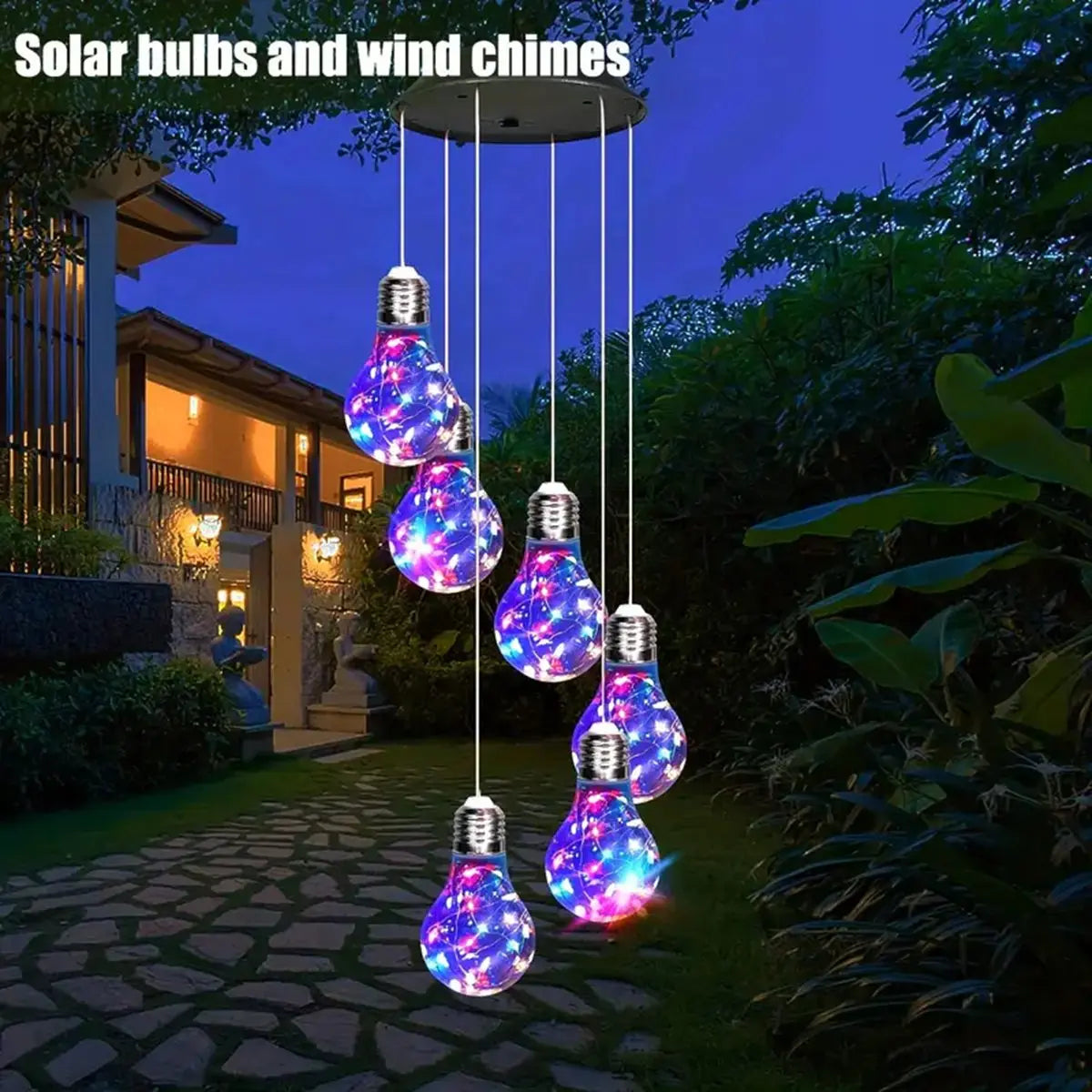 1 Pack Colorful Lights Solar Bulb Wind Chimes Hanging 6 LED Pendants Solar Windchimes Lamps for Home Garden Outdoor Decorations