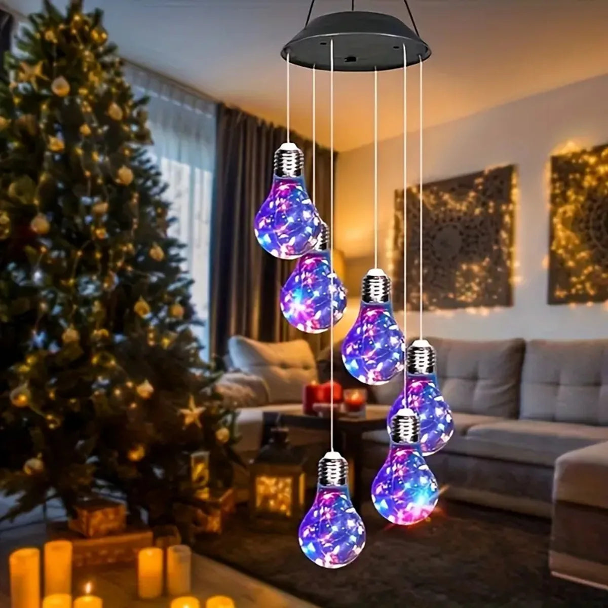 1 Pack Colorful Lights Solar Bulb Wind Chimes Hanging 6 LED Pendants Solar Windchimes Lamps for Home Garden Outdoor Decorations