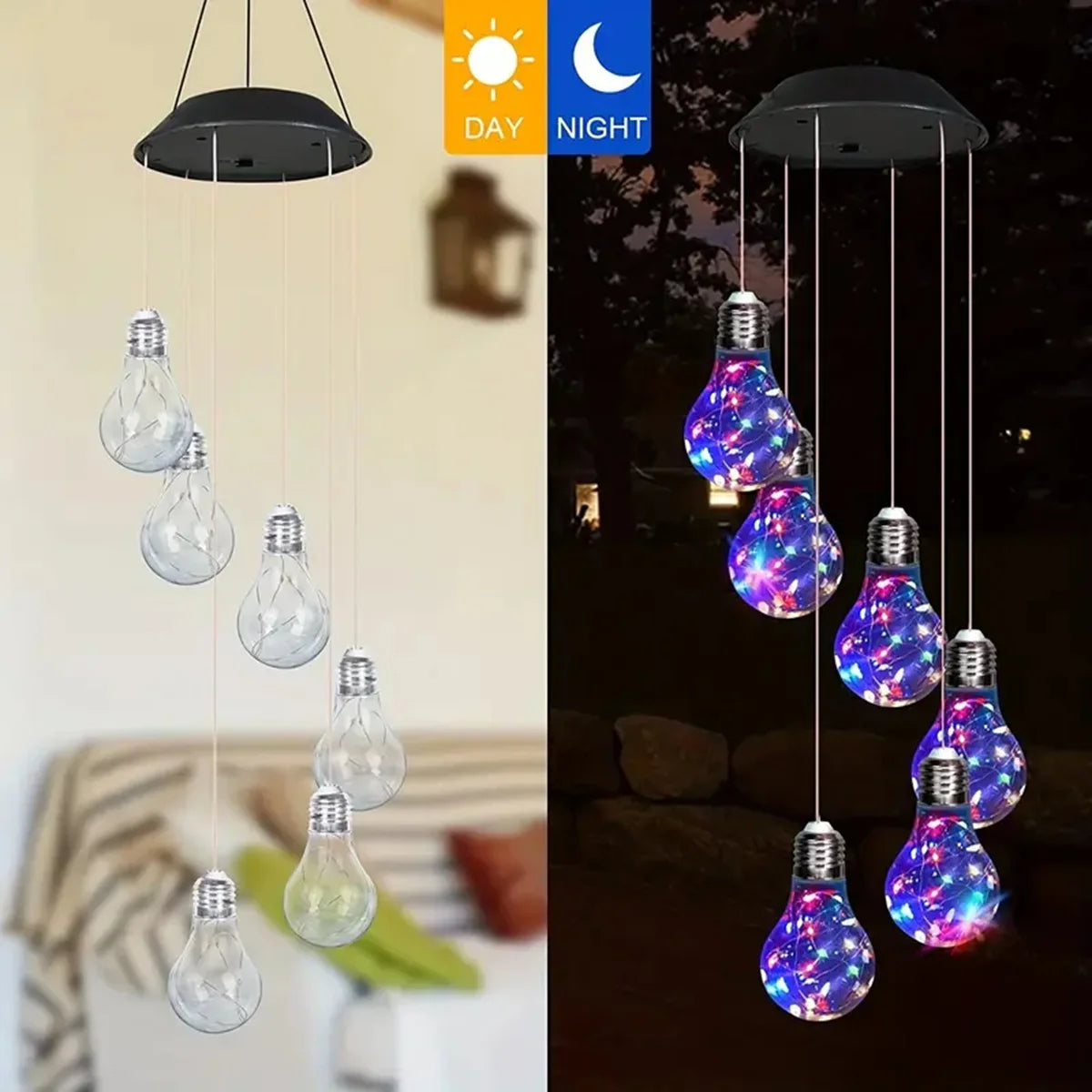 1 Pack Colorful Lights Solar Bulb Wind Chimes Hanging 6 LED Pendants Solar Windchimes Lamps for Home Garden Outdoor Decorations