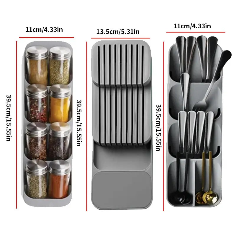 Kitchen Drawer Cutlery Storage Tray Knife Holder Spoon Forks Tableware Organizer Container for Spice Bottles Knives Block Rack