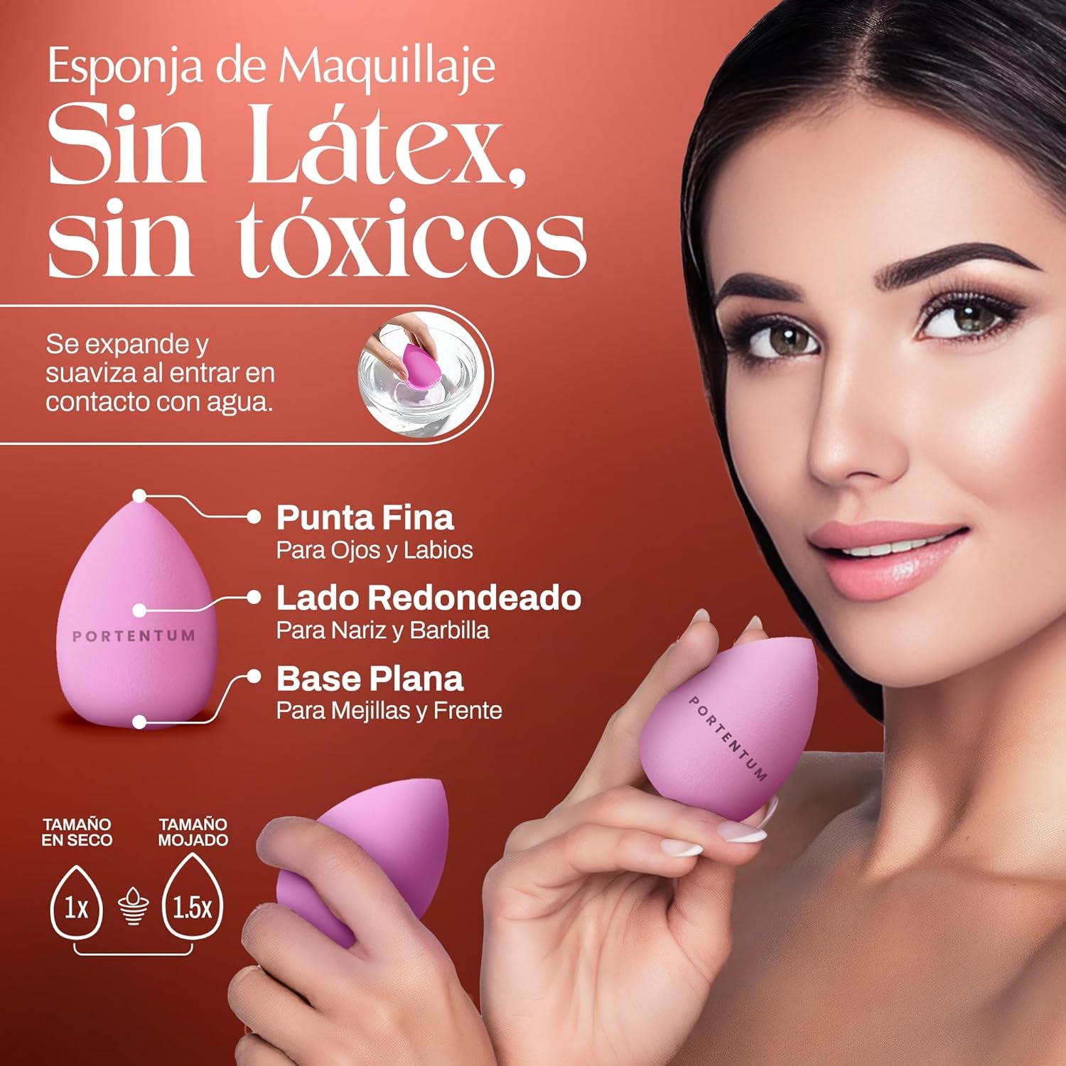PORTENTUM Brochas De Maquillaje Profesional - Set 10+2 Piezas – Para Base Polvos Colorete Contorno – Con Esponjas