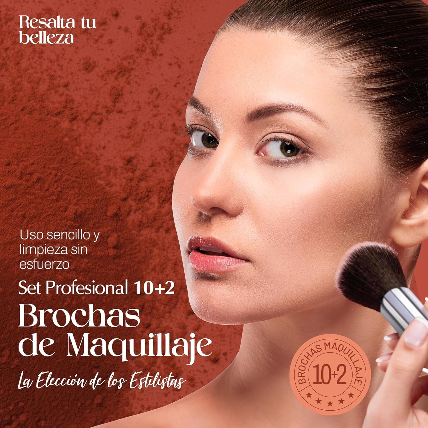 PORTENTUM Brochas De Maquillaje Profesional - Set 10+2 Piezas – Para Base Polvos Colorete Contorno – Con Esponjas