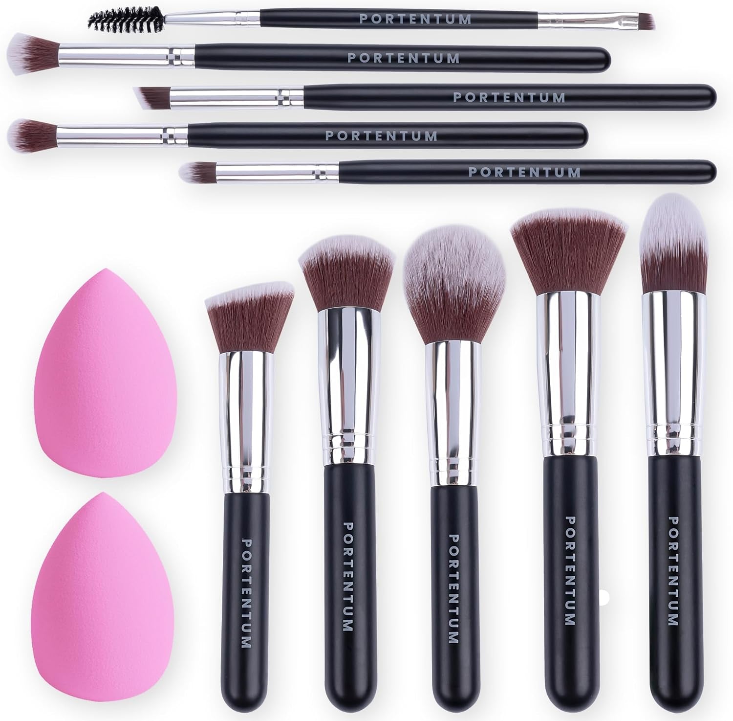 PORTENTUM Brochas De Maquillaje Profesional - Set 10+2 Piezas – Para Base Polvos Colorete Contorno – Con Esponjas