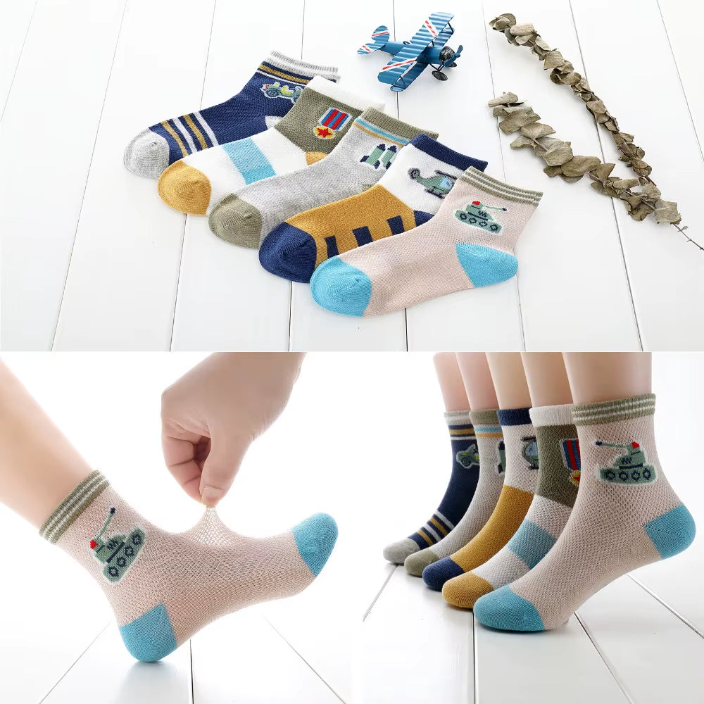 5 Pairs / Lot Children Socks Spring Summer Cartoon Aircraft Cotton Breathable Mesh Boys Socks Girls Socks 3- 15 Year Kids Socks