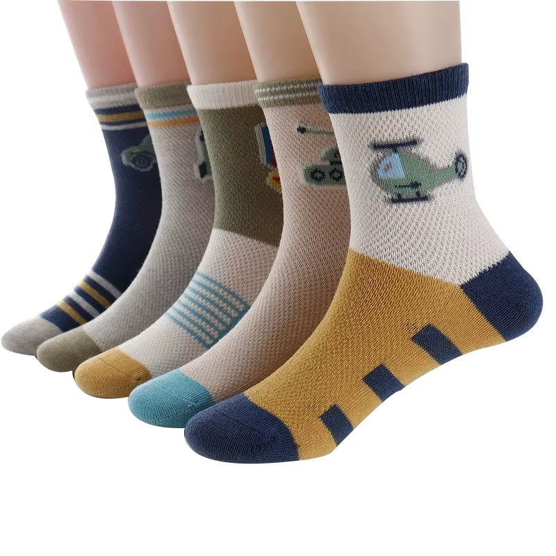 5 Pairs / Lot Children Socks Spring Summer Cartoon Aircraft Cotton Breathable Mesh Boys Socks Girls Socks 3- 15 Year Kids Socks