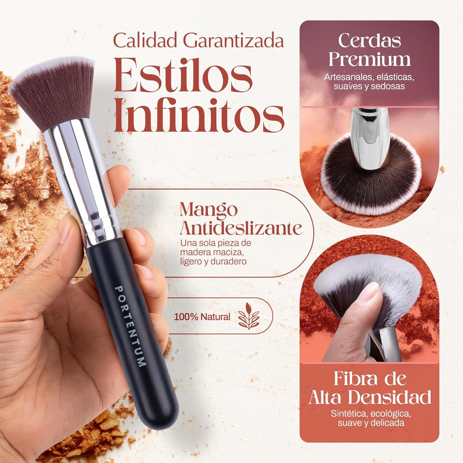 PORTENTUM Brochas De Maquillaje Profesional - Set 10+2 Piezas – Para Base Polvos Colorete Contorno – Con Esponjas